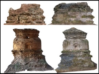 مقارنة لحالة اثنتين من باغودات معبد فوغوانغ قبل أعمال الحفظ وبعدها: الباغودا غير المسماة ذات الشكل الشبيه بالوعاء المقلوب في الأعلى، وباغودا ووغو جينغوانغ في الأسفل.