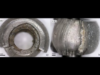 Microscope views of the KZ-16 gold-in-glass bead, showing its layered glass structure and exposed gold foil.