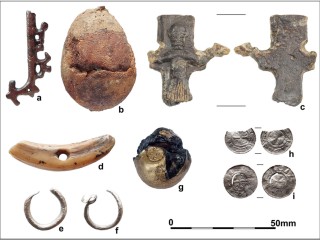 Selected artefacts from the medieval stronghold at Pyrzyce, including objects associated with both Slavic Pagan and Christian traditions.